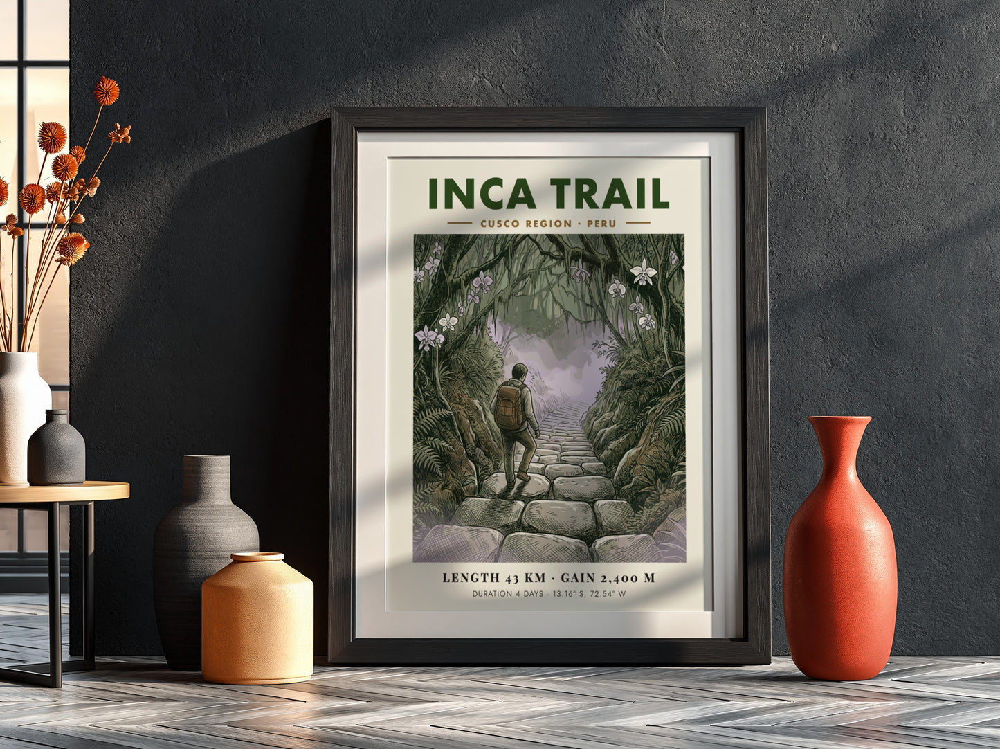Poster of a hiker walking up stone steps on the lush Inca Trail Peru