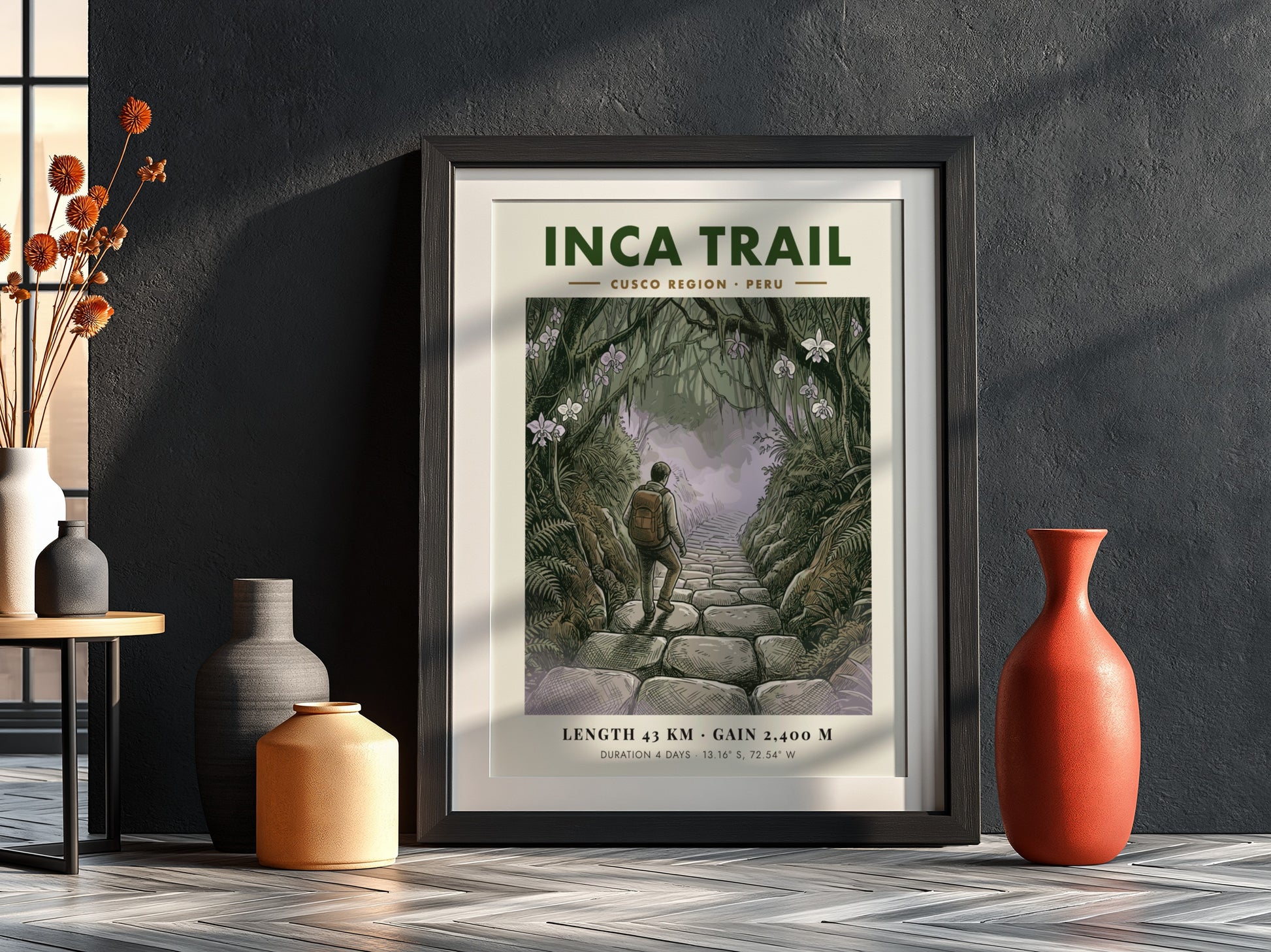 Poster of a hiker walking up stone steps on the lush Inca Trail Peru