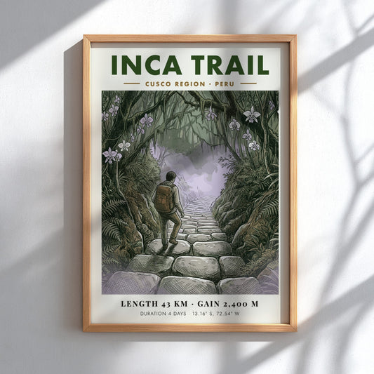 Poster of a hiker walking up stone steps on the lush Inca Trail Peru