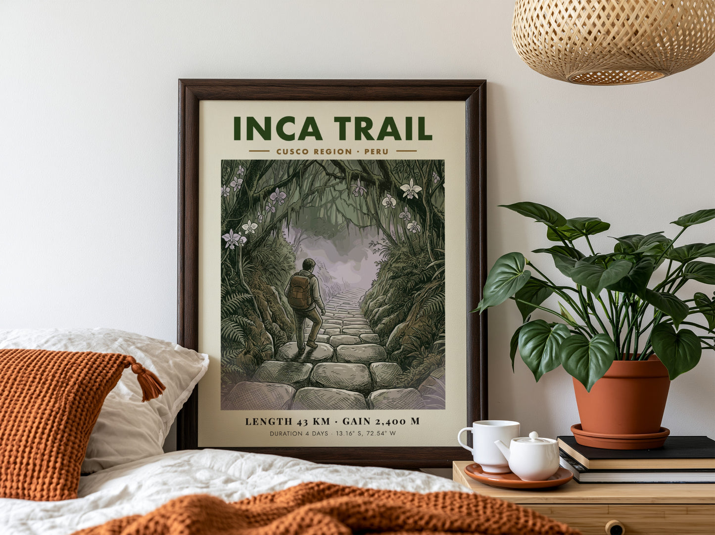Poster of a hiker walking up stone steps on the lush Inca Trail Peru