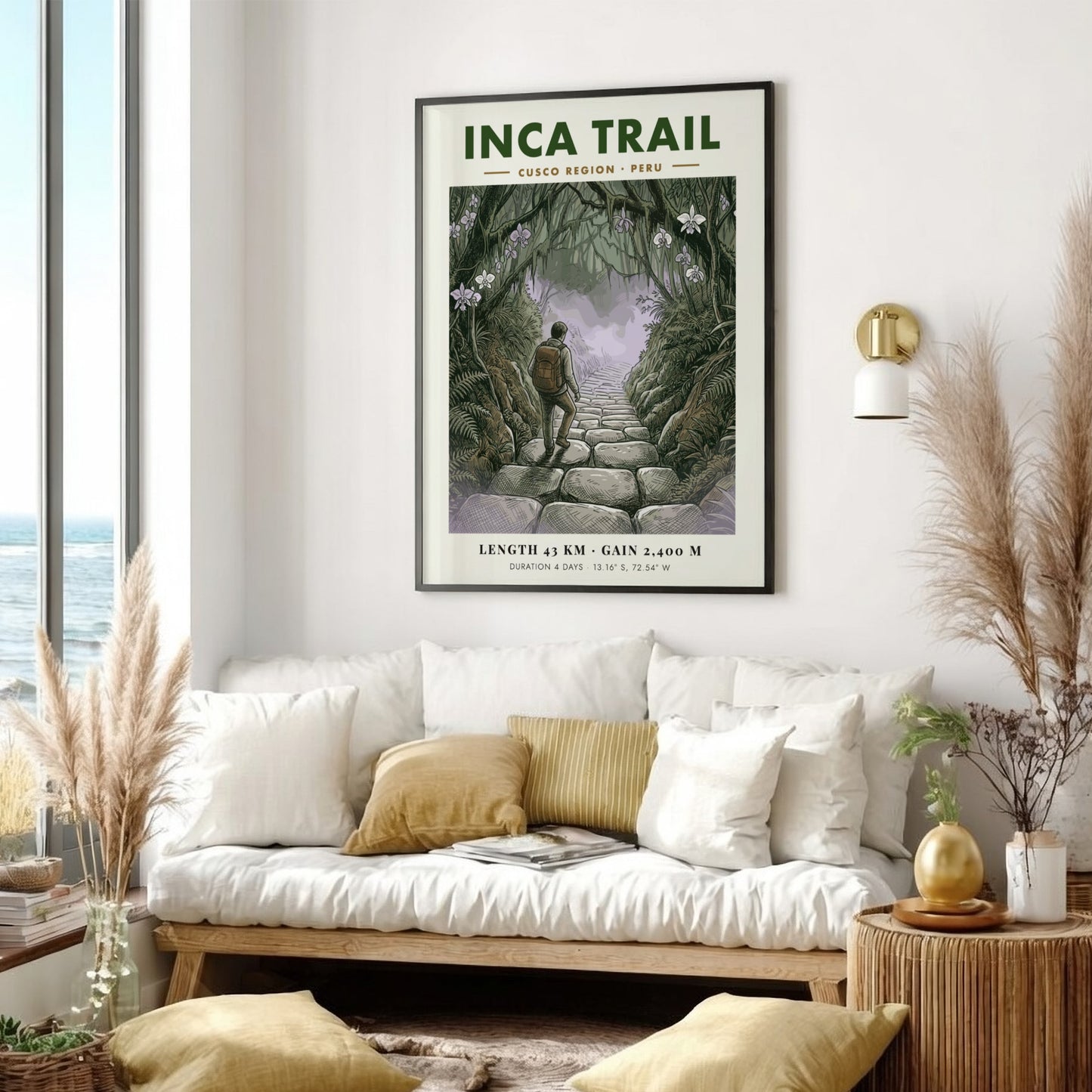 Poster of a hiker walking up stone steps on the lush Inca Trail Peru