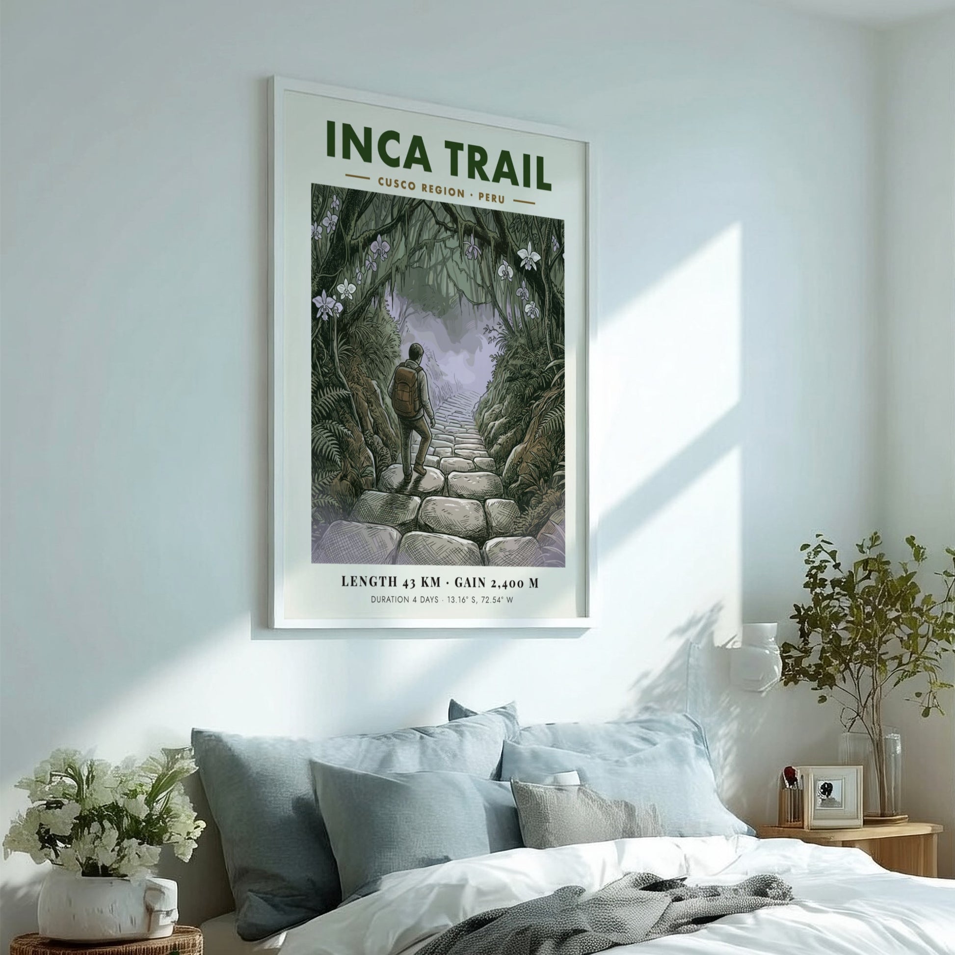Poster of a hiker walking up stone steps on the lush Inca Trail Peru