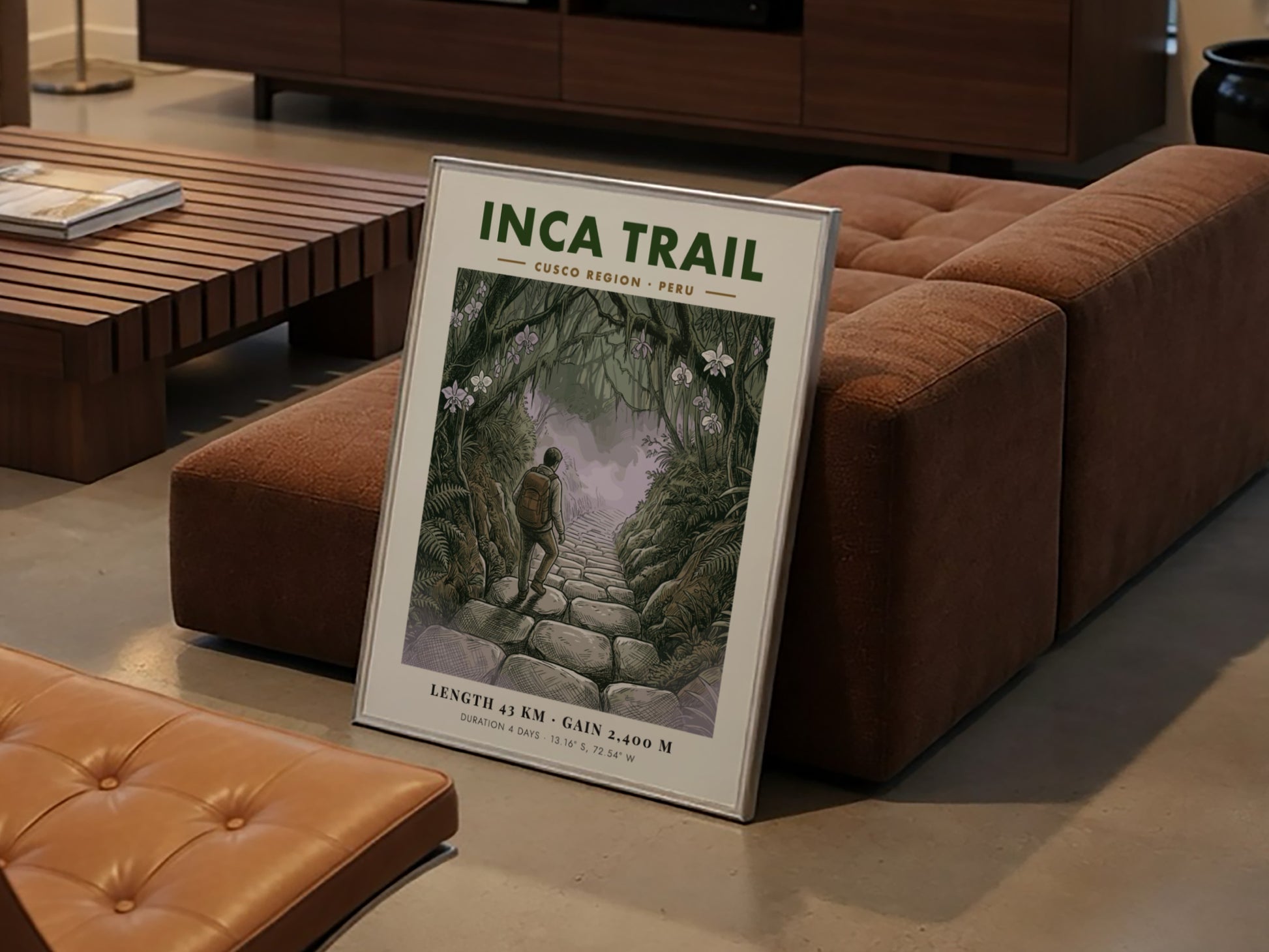 Poster of a hiker walking up stone steps on the lush Inca Trail Peru