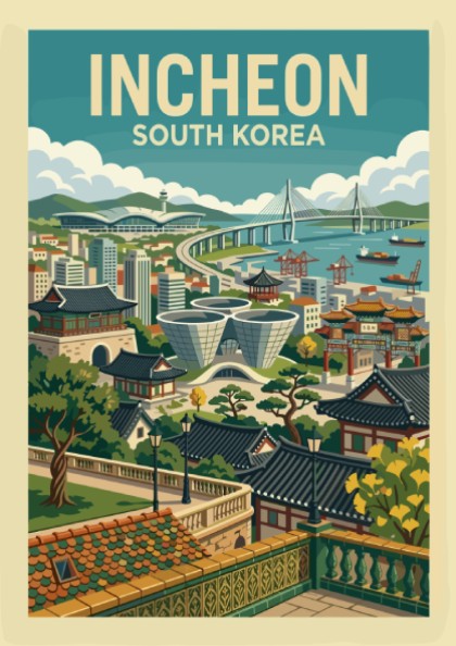 Incheon South Korea travel poster featuring cityscape, bridge, and traditional buildings in a retro style.