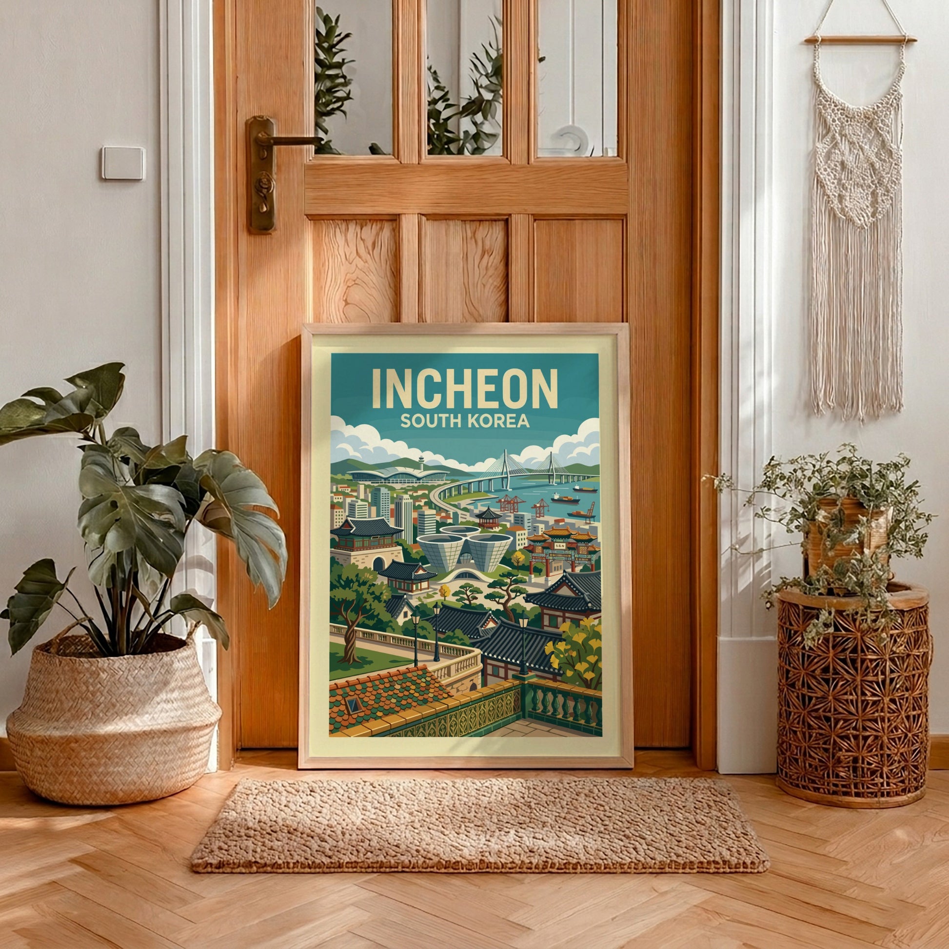 Incheon South Korea travel poster featuring cityscape, bridge, and traditional buildings in a retro style.