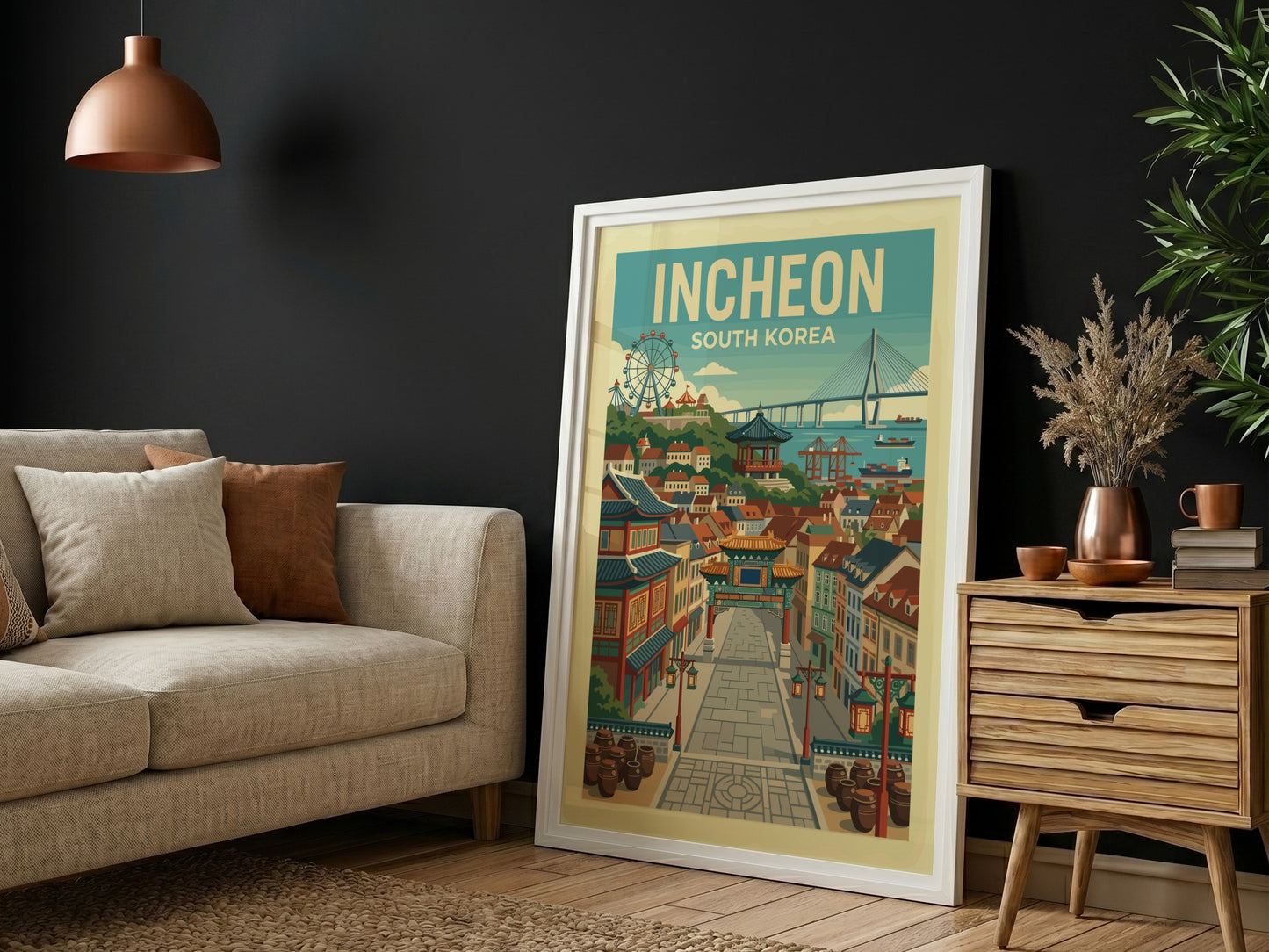 Incheon South Korea vintage travel poster with a street scene and bridge, in a retro style.