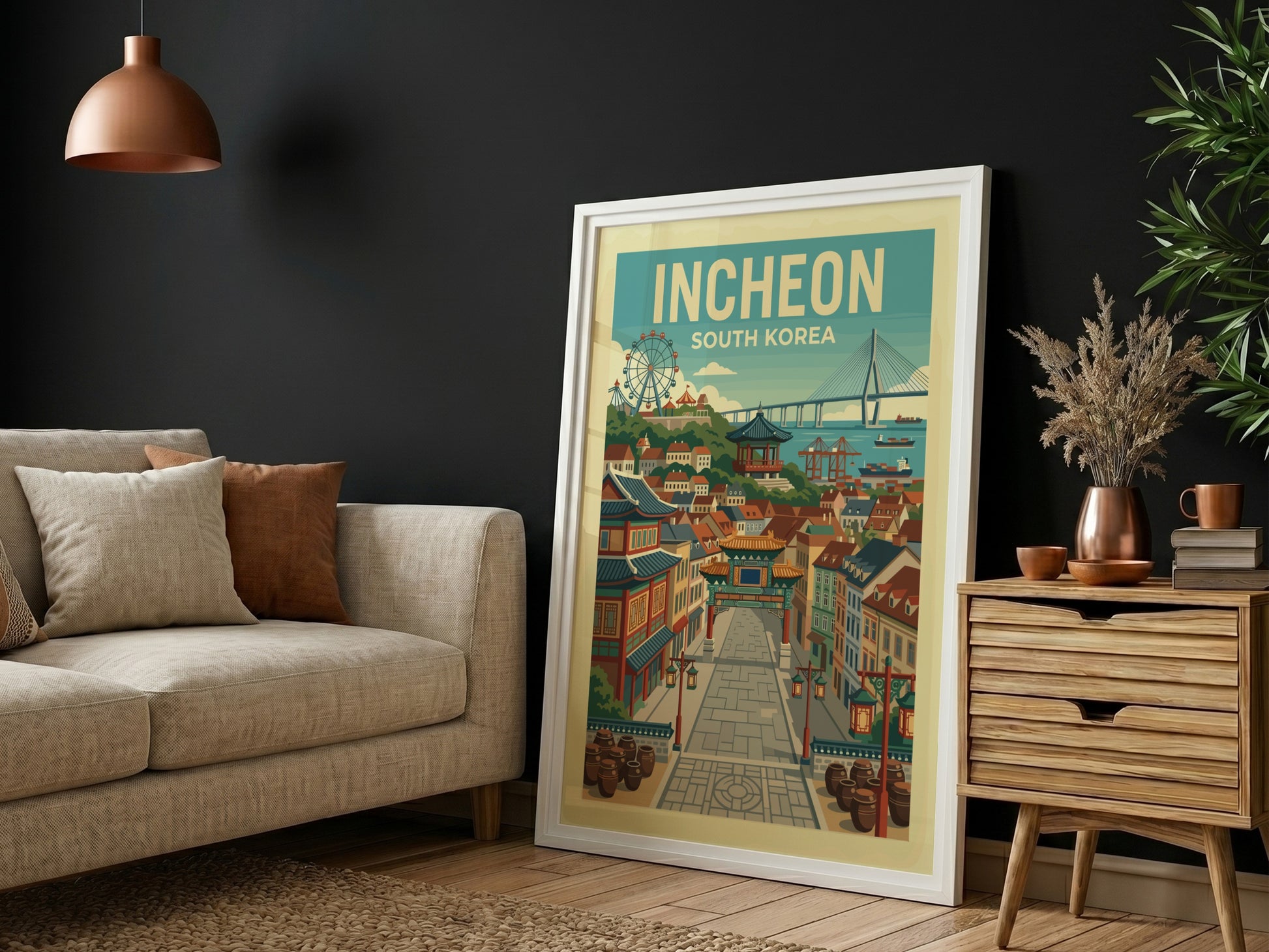 Incheon South Korea vintage travel poster with a street scene and bridge, in a retro style.