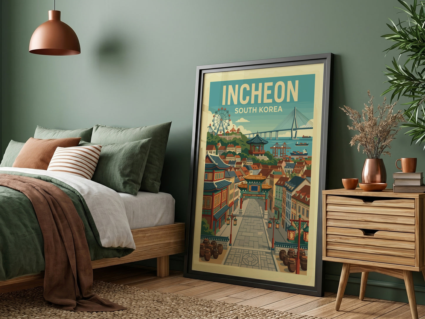 Incheon South Korea vintage travel poster with a street scene and bridge, in a retro style.