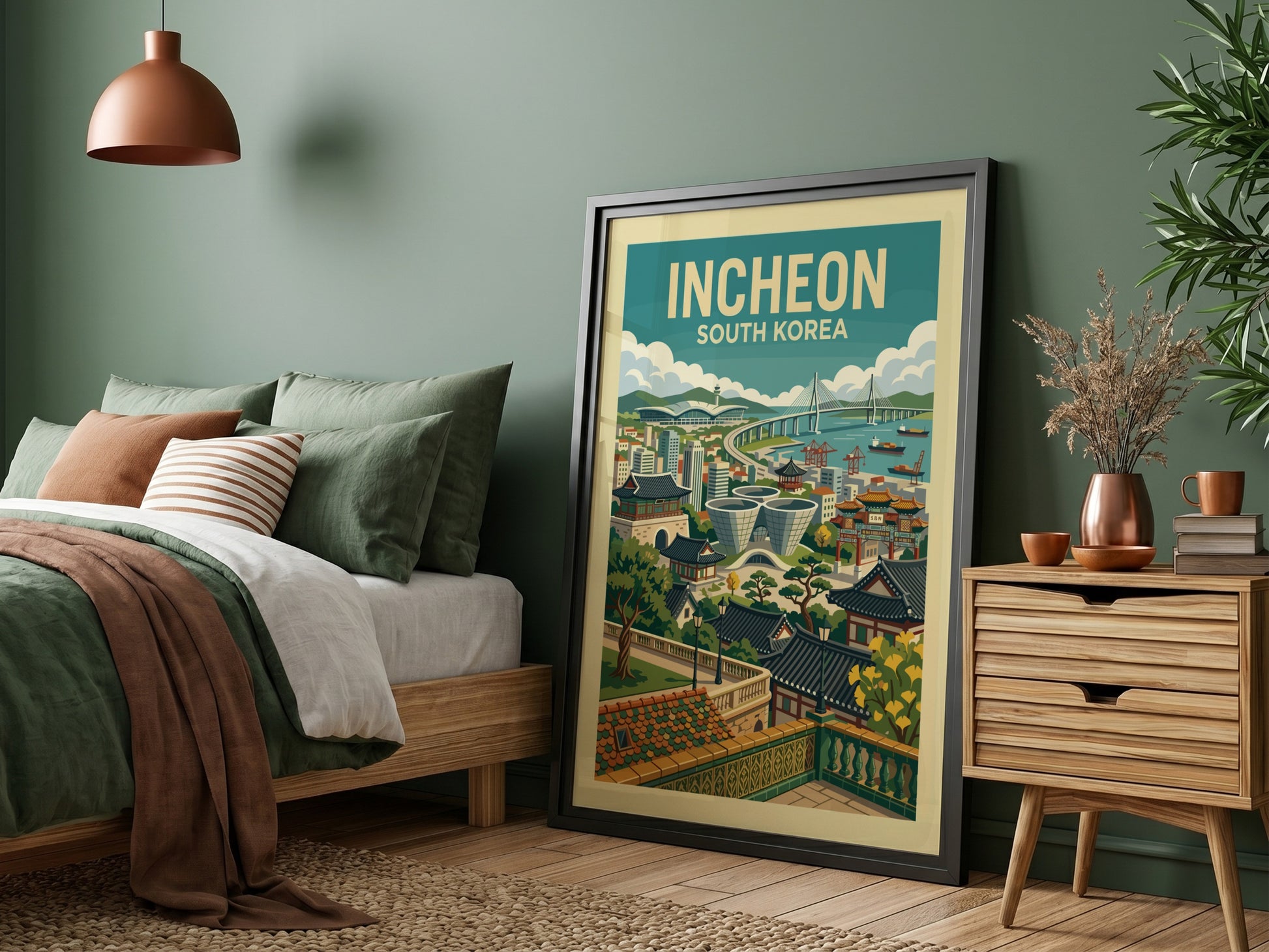 Incheon South Korea travel poster featuring cityscape, bridge, and traditional buildings in a retro style.
