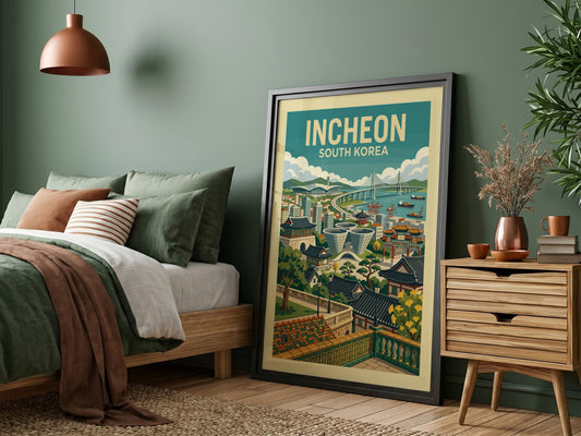 Incheon South Korea travel poster featuring cityscape, bridge, and traditional buildings in a retro style.