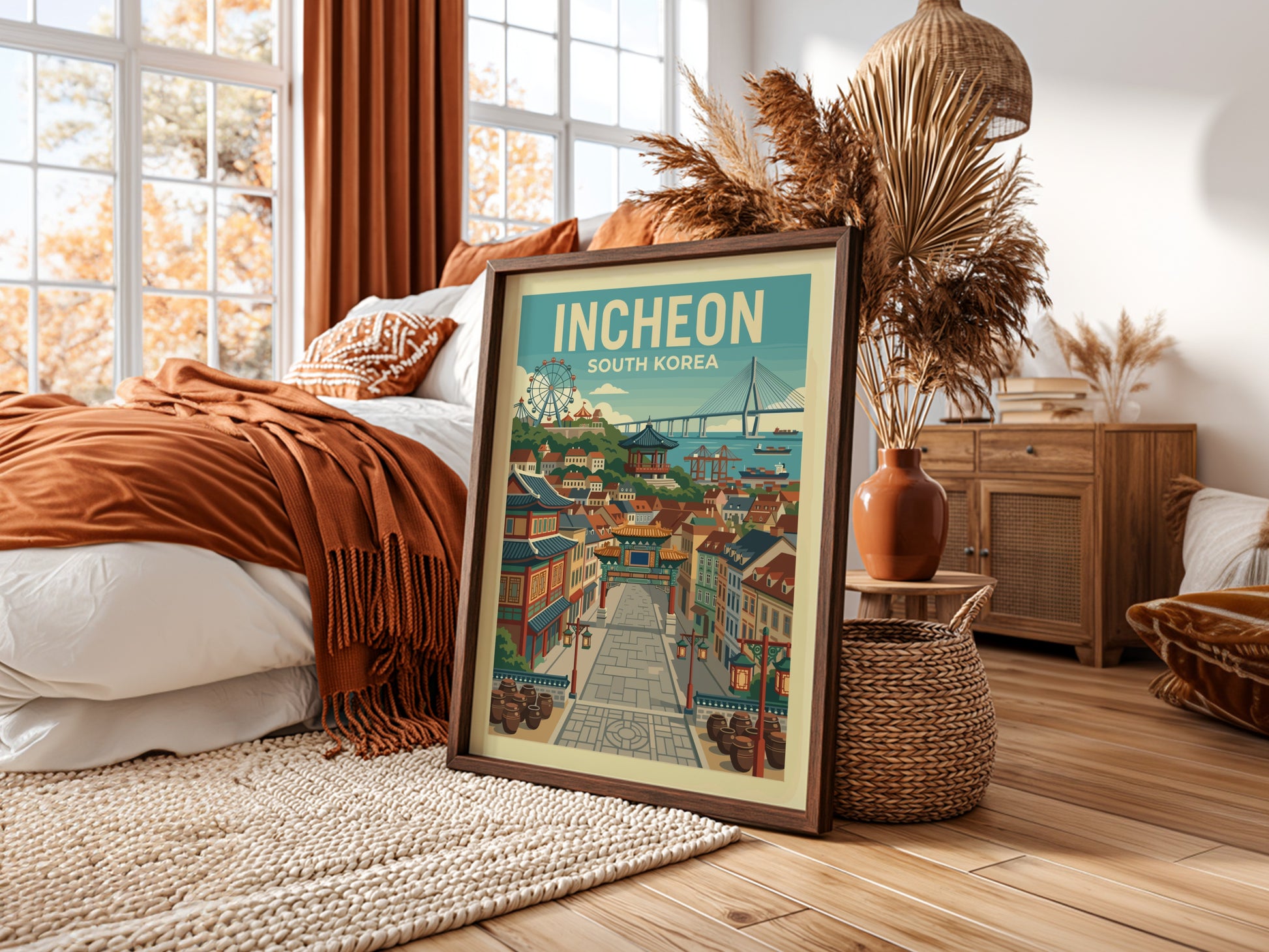 Incheon South Korea vintage travel poster with a street scene and bridge, in a retro style.