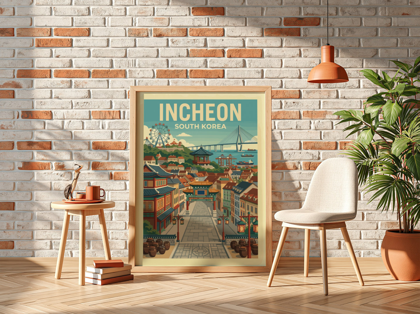 Incheon South Korea vintage travel poster with a street scene and bridge, in a retro style.