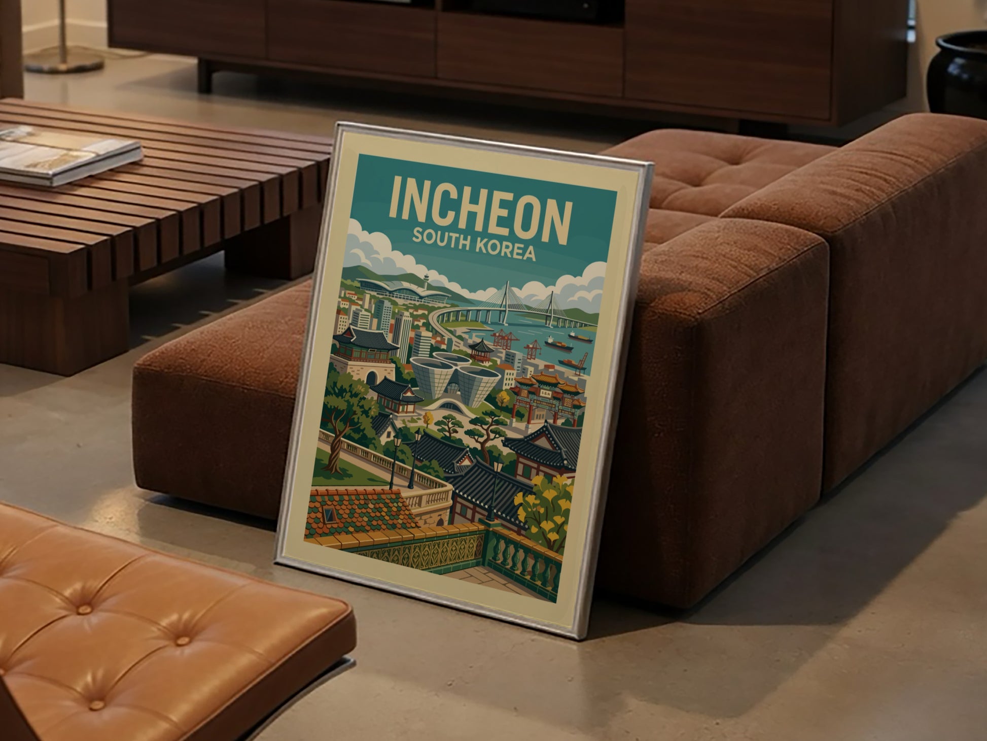 Incheon South Korea travel poster featuring cityscape, bridge, and traditional buildings in a retro style.