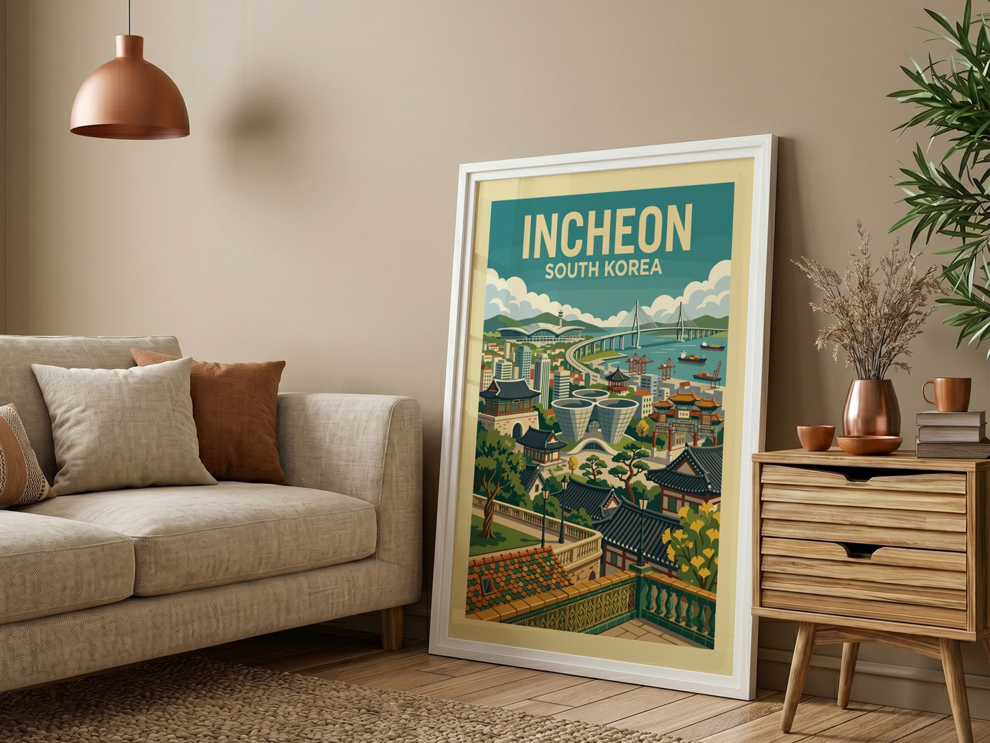 Incheon South Korea travel poster featuring cityscape, bridge, and traditional buildings in a retro style.