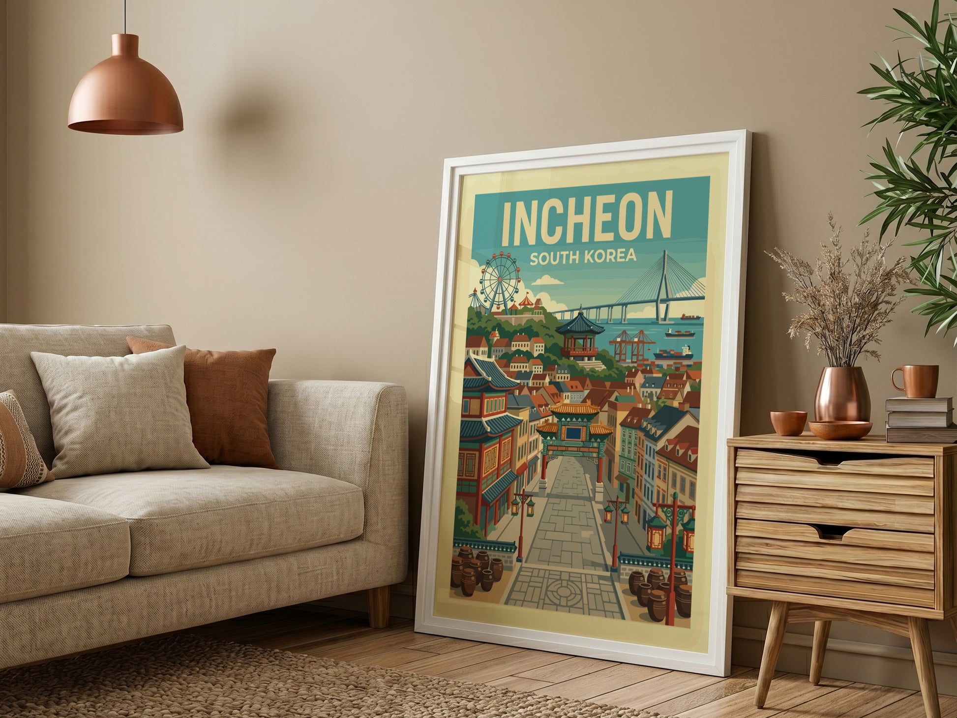 Incheon South Korea vintage travel poster with a street scene and bridge, in a retro style.