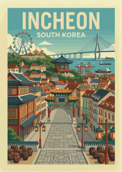 Incheon South Korea vintage travel poster with a street scene and bridge, in a retro style.