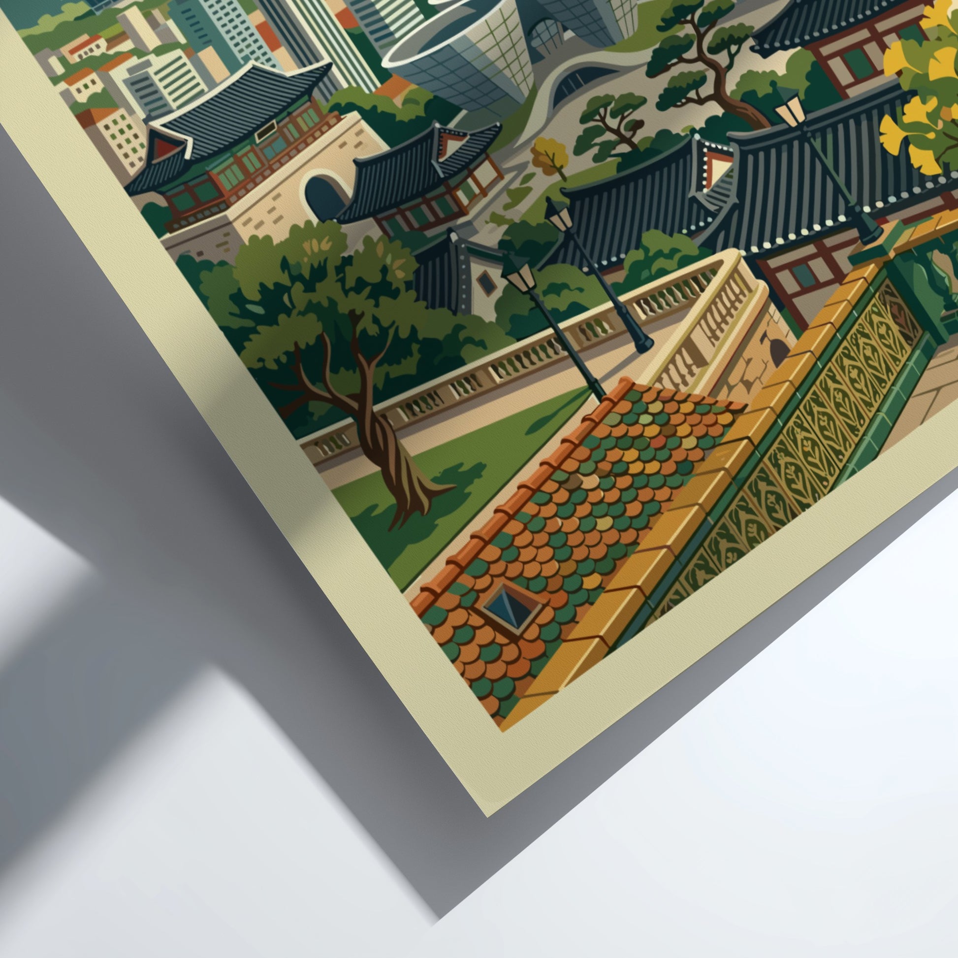 Incheon South Korea travel poster featuring cityscape, bridge, and traditional buildings in a retro style.