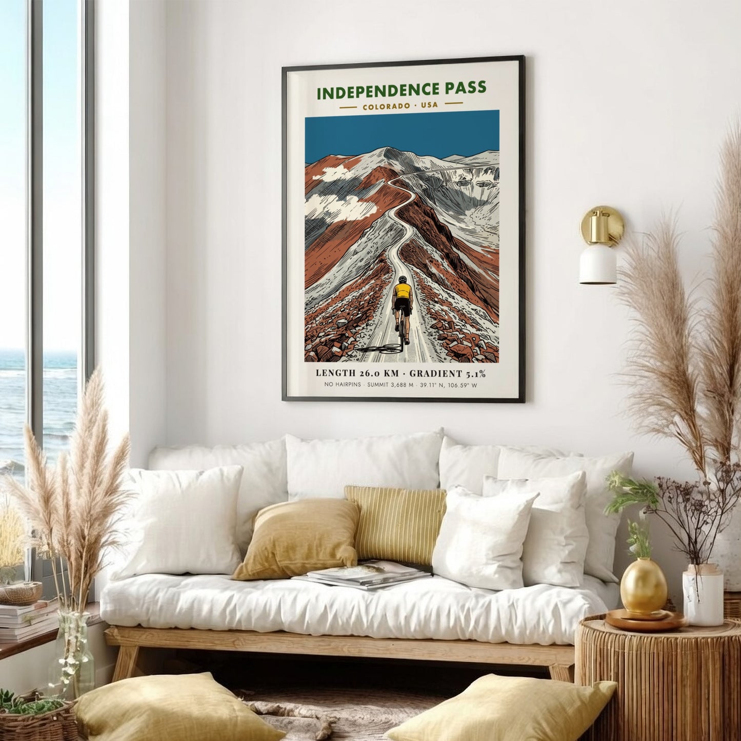 Poster of a cyclist climbing the winding Independence Pass road in Colorado mountains