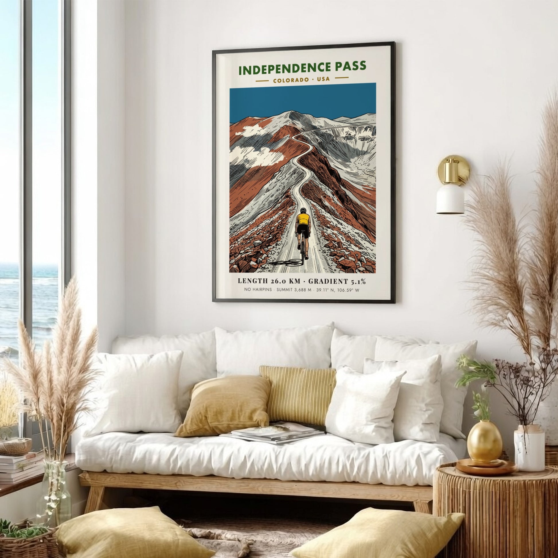 Poster of a cyclist climbing the winding Independence Pass road in Colorado mountains