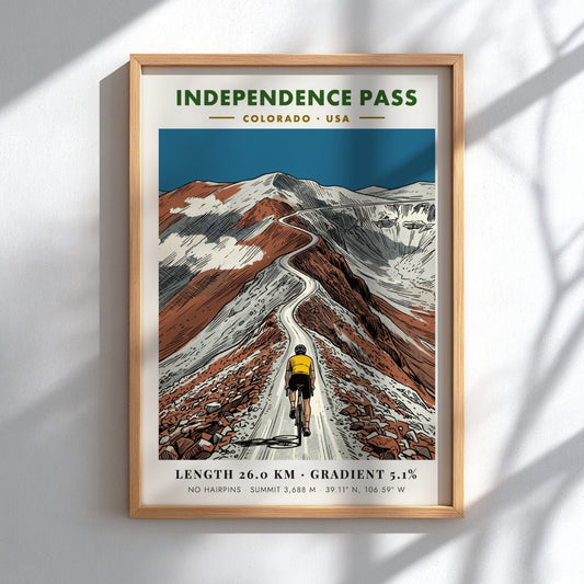 Poster of a cyclist climbing the winding Independence Pass road in Colorado mountains