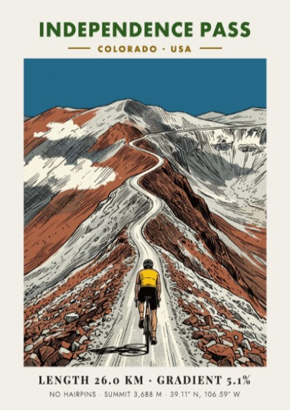 Poster of a cyclist climbing the winding Independence Pass road in Colorado mountains