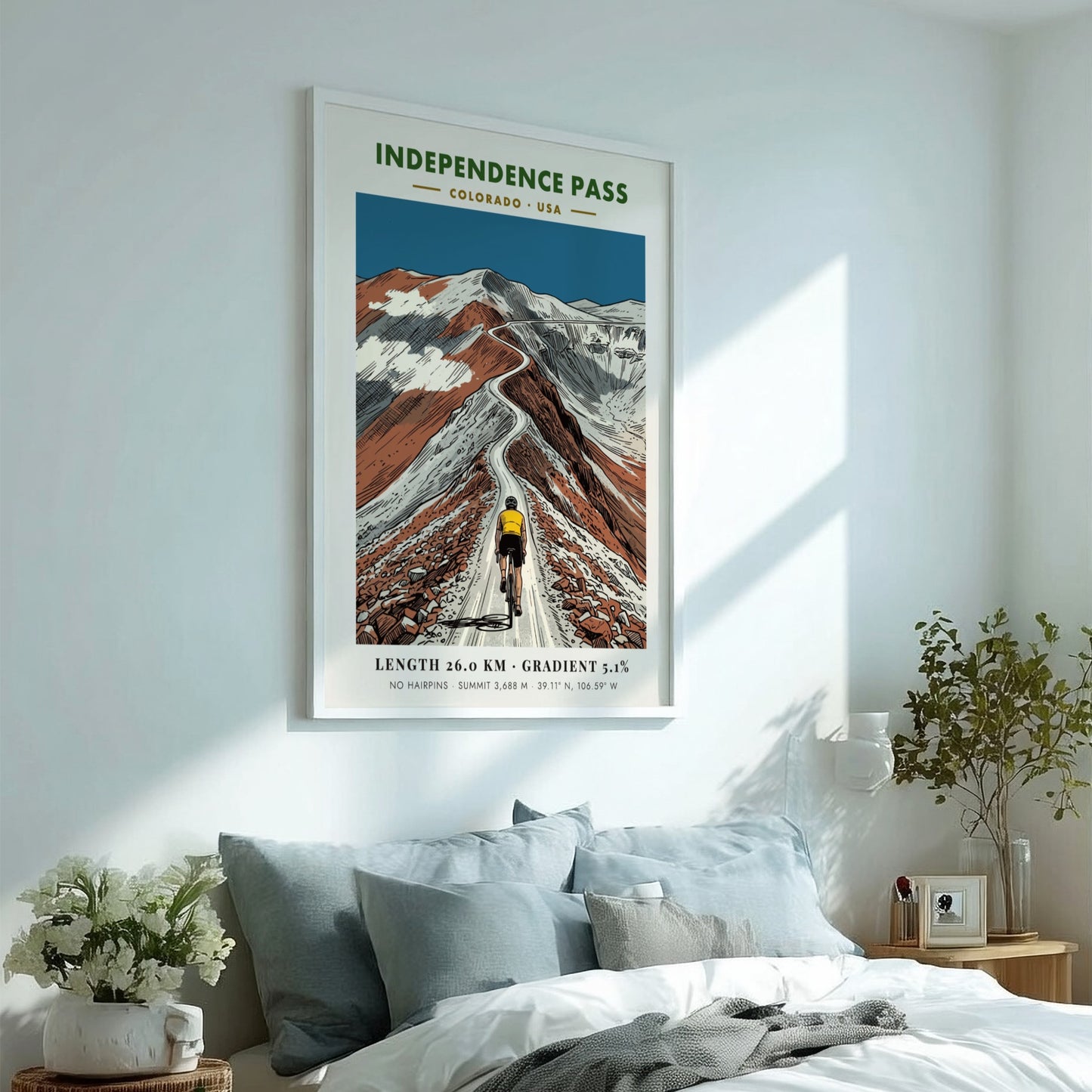 Poster of a cyclist climbing the winding Independence Pass road in Colorado mountains