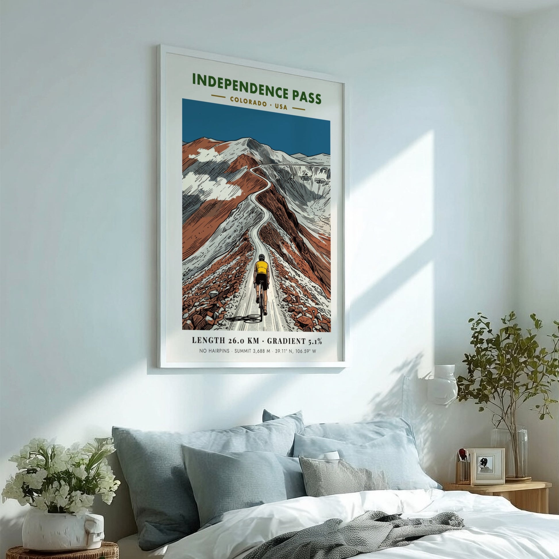 Poster of a cyclist climbing the winding Independence Pass road in Colorado mountains