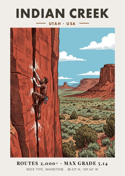 Poster showing a climber on an orange sandstone crack in Indian Creek Utah