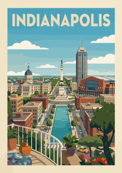 Vintage style art print of the Indianapolis skyline featuring the Soldiers and Sailors Monument and city