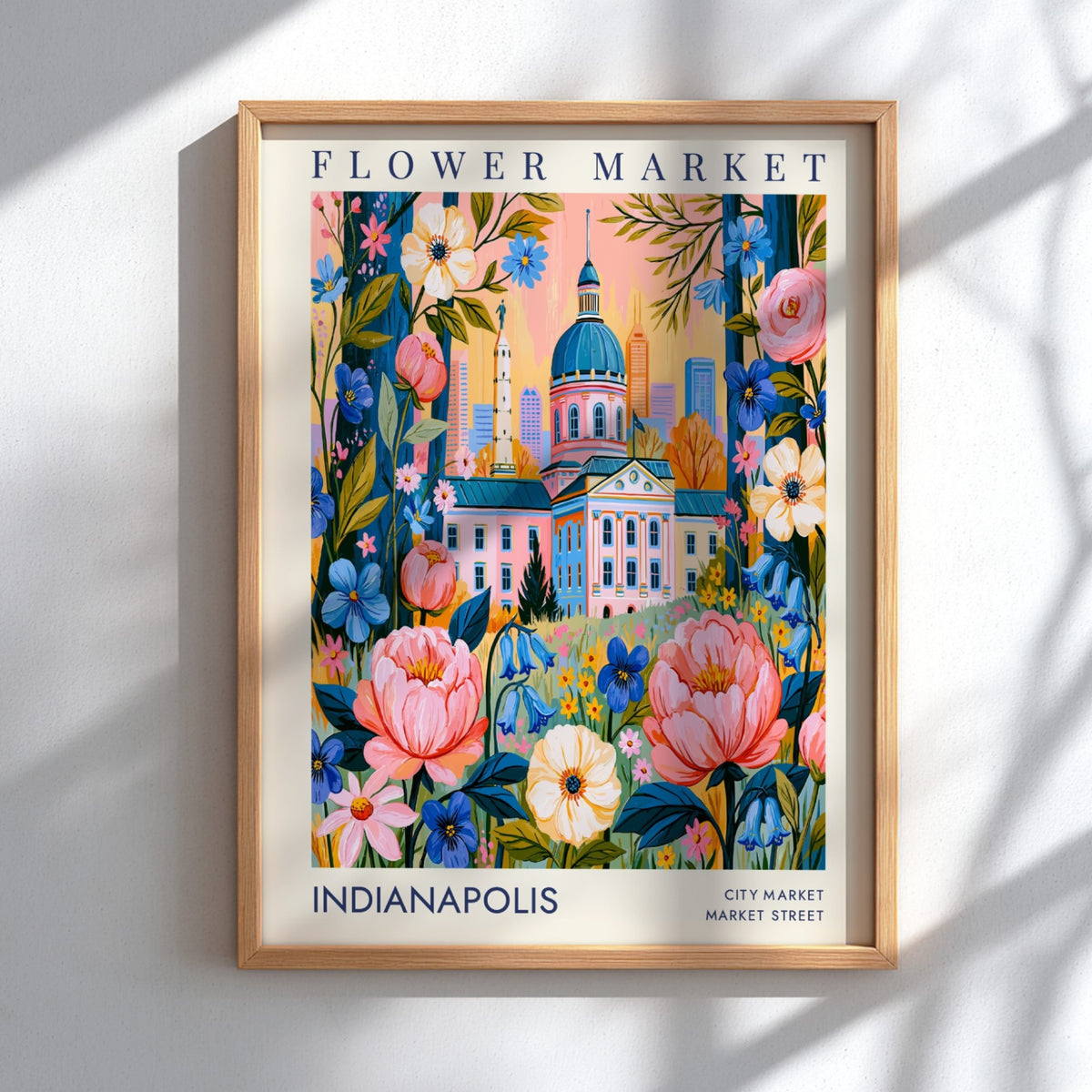 Flower market poster showcasing Indianapolis skyline with vibrant colors and floral details