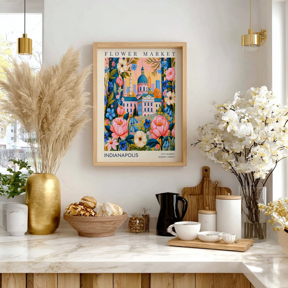 Flower market poster showcasing Indianapolis skyline with vibrant colors and floral details