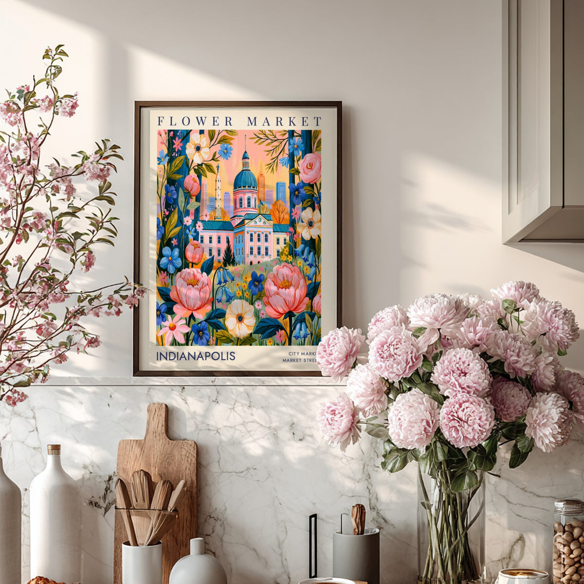 Flower market poster showcasing Indianapolis skyline with vibrant colors and floral details