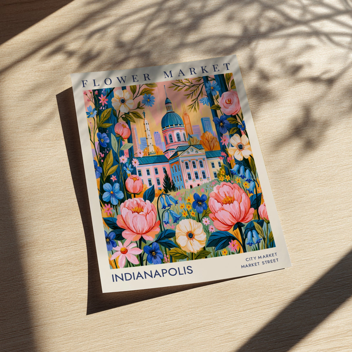 Flower market poster showcasing Indianapolis skyline with vibrant colors and floral details