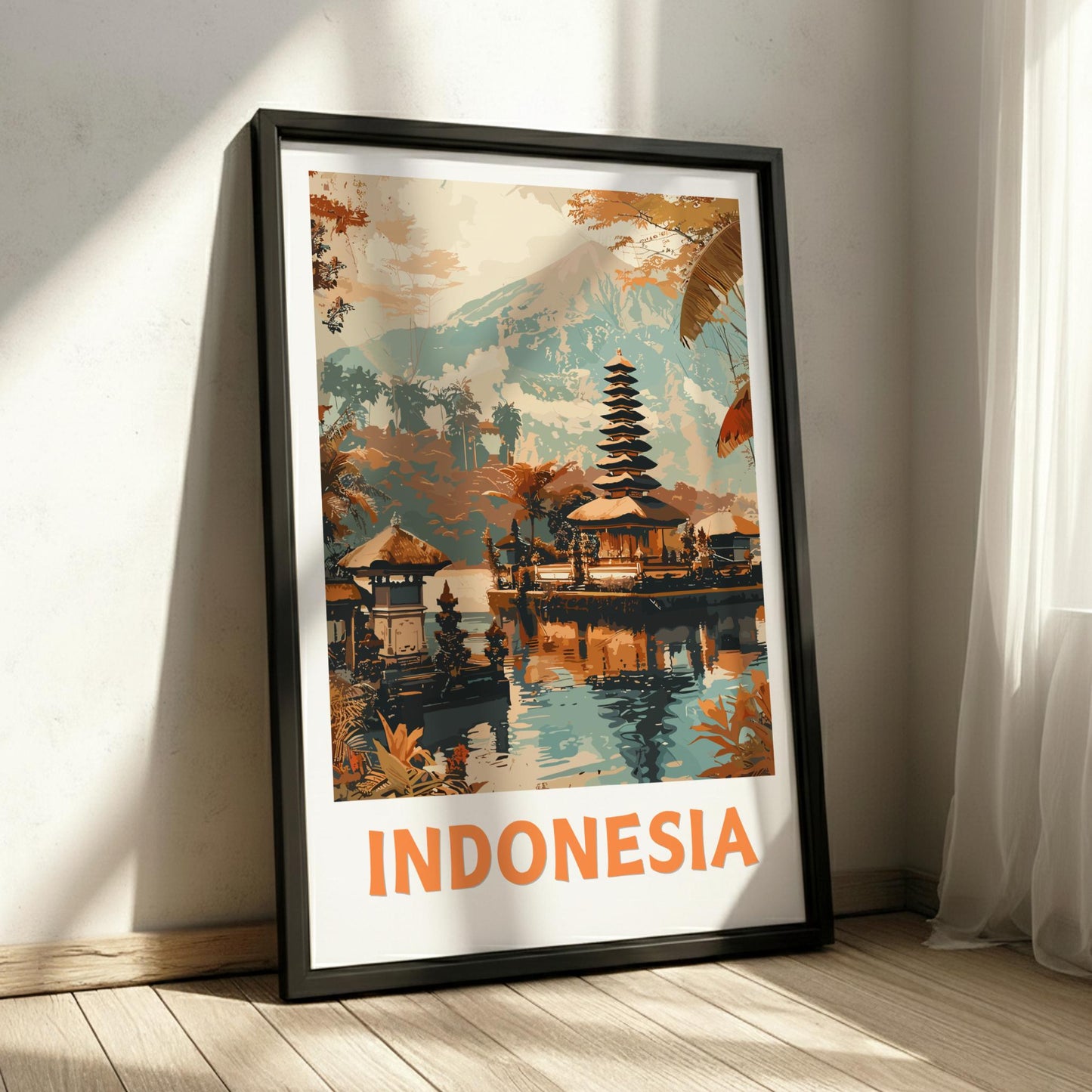 Framed poster of Indonesia with temple and nature design on a wall.
