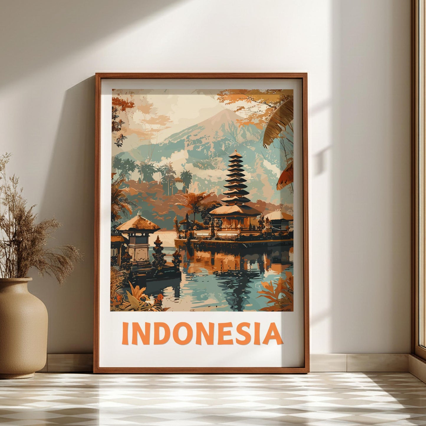 Framed artwork of a temple in Indonesia with 'Indonesia' text on a wall.