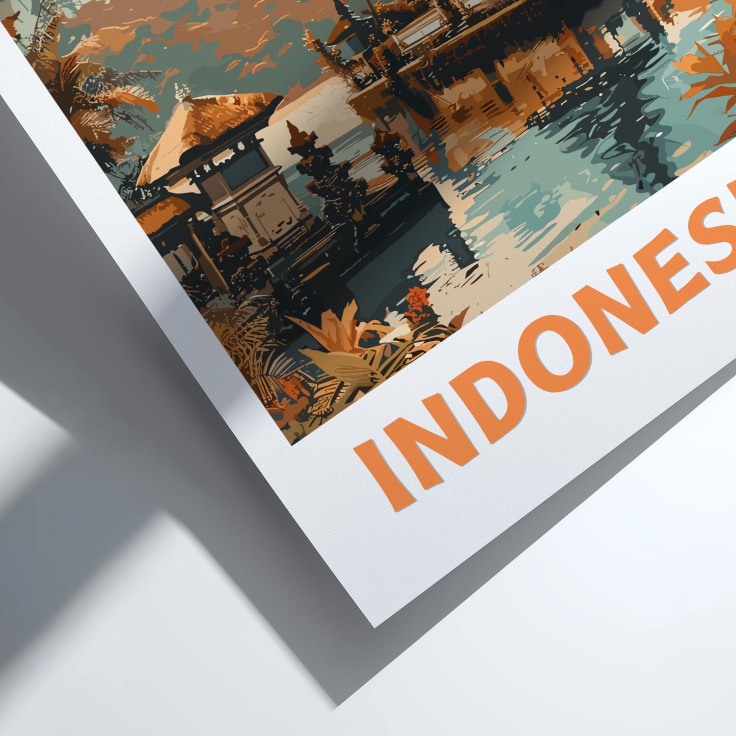Framed artwork with 'Indonesia' text and traditional architecture illustration.