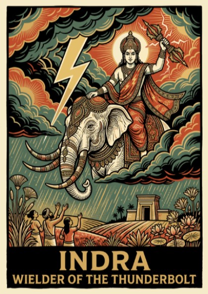 Poster of the Hindu god Indra riding an elephant, wielding a golden lightning bolt.