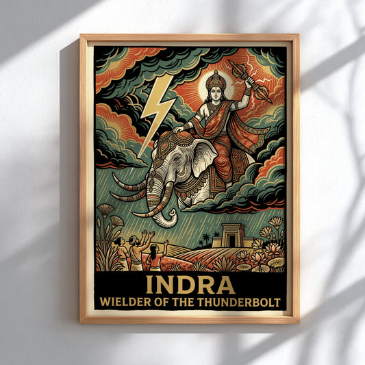 Poster of the Hindu god Indra riding an elephant, wielding a golden lightning bolt.