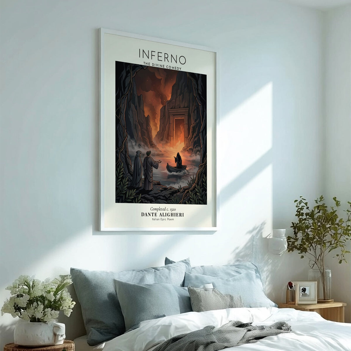 Poster featuring Dante Alighieri and a ferryman in a dark cavernous inferno landscape scene.