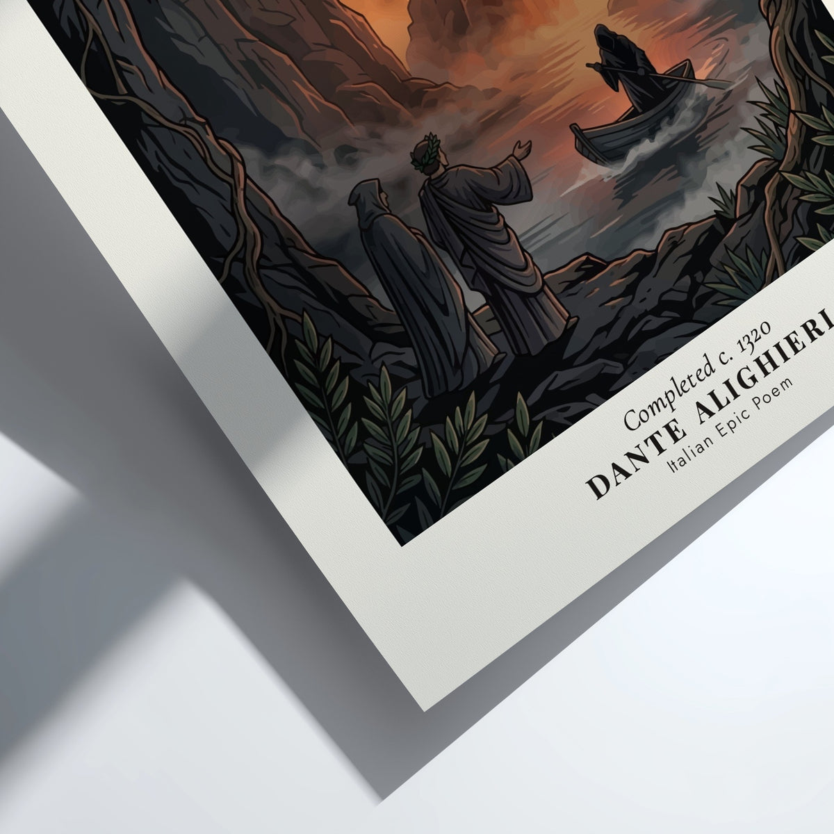 Poster featuring Dante Alighieri and a ferryman in a dark cavernous inferno landscape scene.