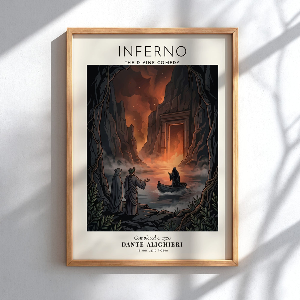 Poster featuring Dante Alighieri and a ferryman in a dark cavernous inferno landscape scene.