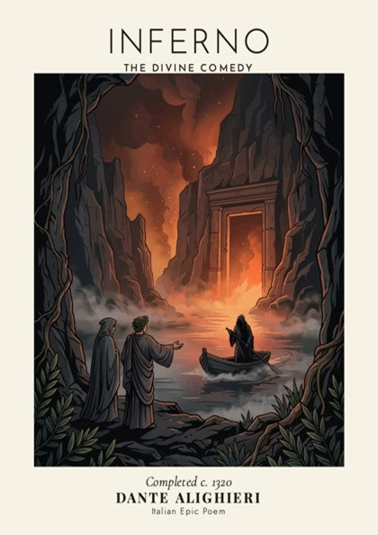 Poster featuring Dante Alighieri and a ferryman in a dark cavernous inferno landscape scene.