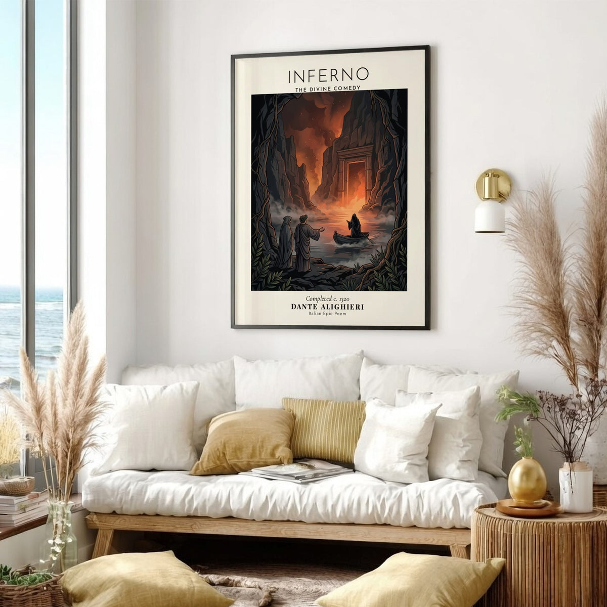 Poster featuring Dante Alighieri and a ferryman in a dark cavernous inferno landscape scene.