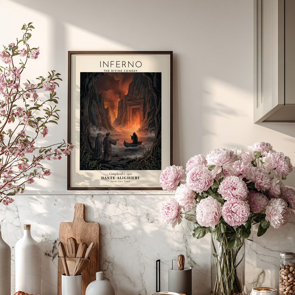 Poster featuring Dante Alighieri and a ferryman in a dark cavernous inferno landscape scene.