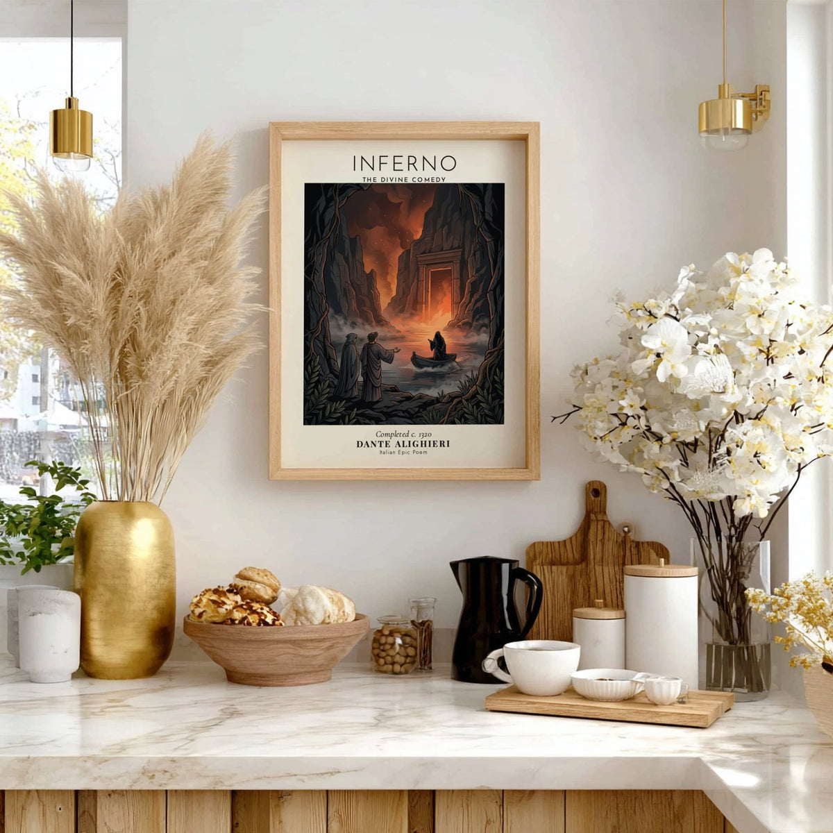 Poster featuring Dante Alighieri and a ferryman in a dark cavernous inferno landscape scene.