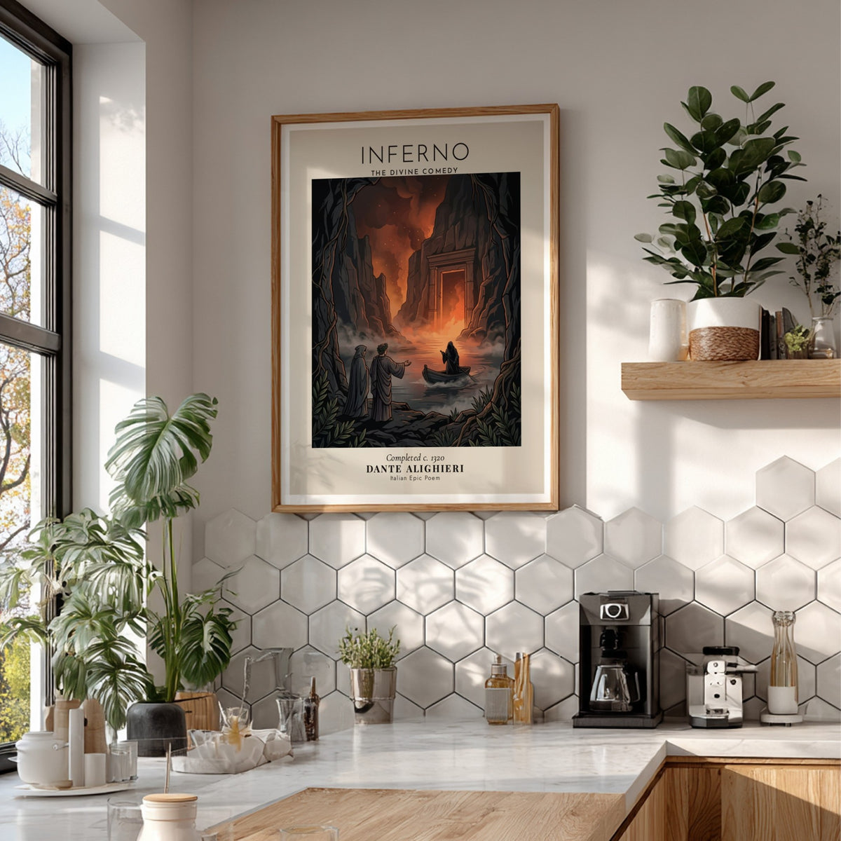 Poster featuring Dante Alighieri and a ferryman in a dark cavernous inferno landscape scene.