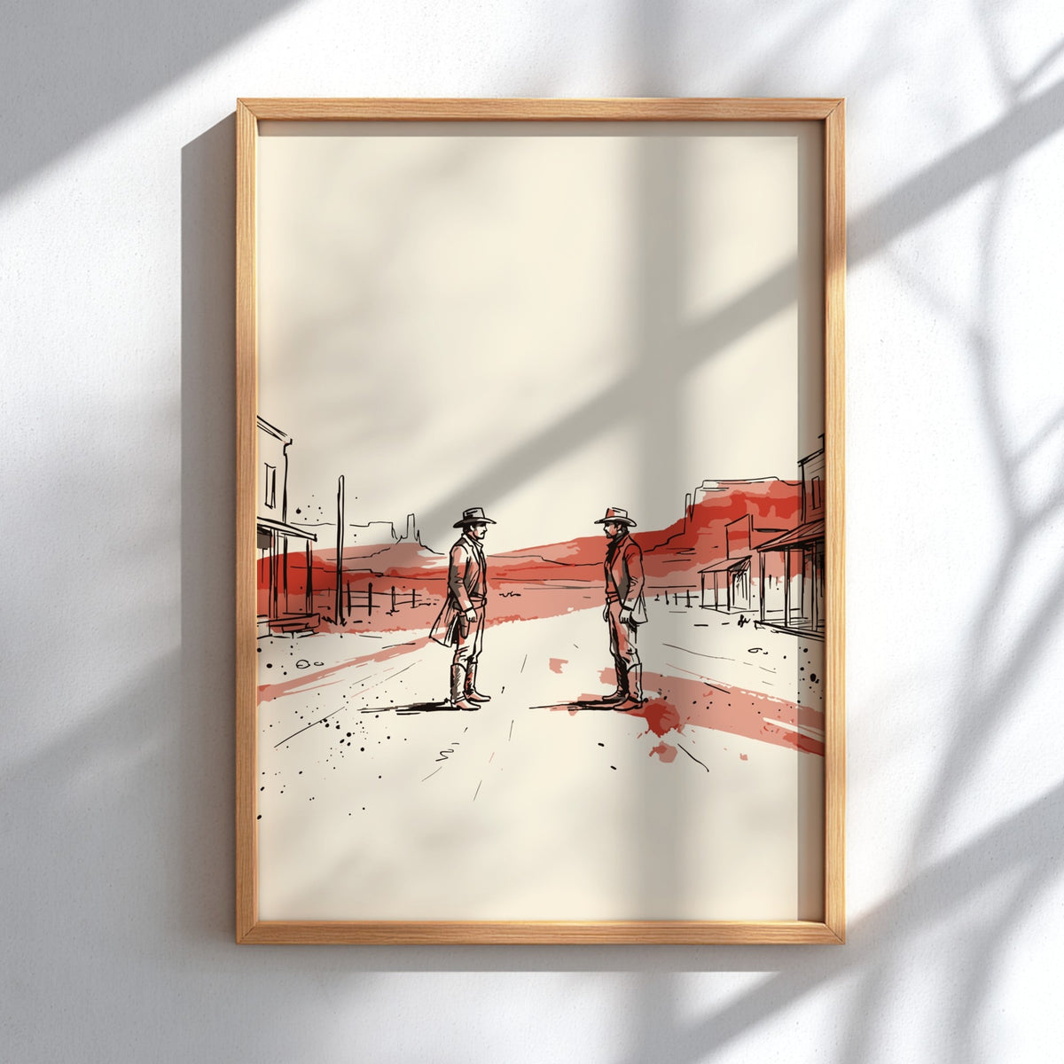 Poster showing two cowboys in a standoff on a dusty street with crimson ink