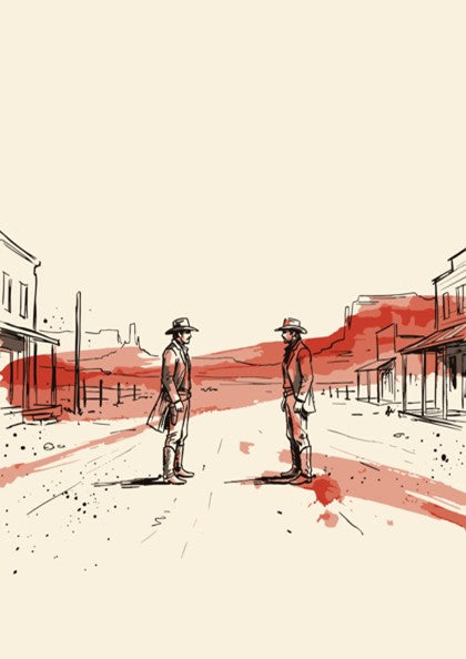 Poster showing two cowboys in a standoff on a dusty street with crimson ink