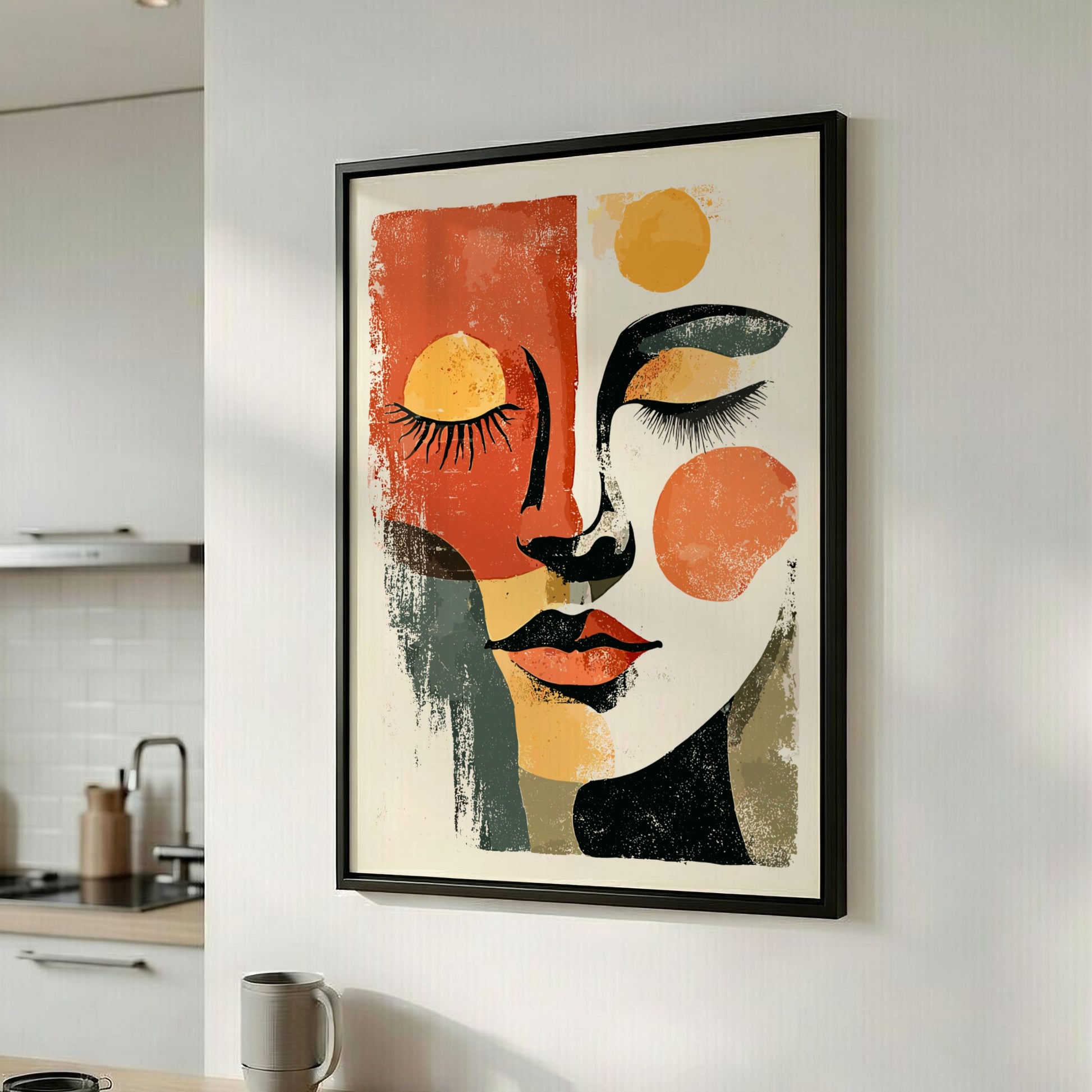 Abstract art print of a face with geometric shapes in a modern kitchen.
