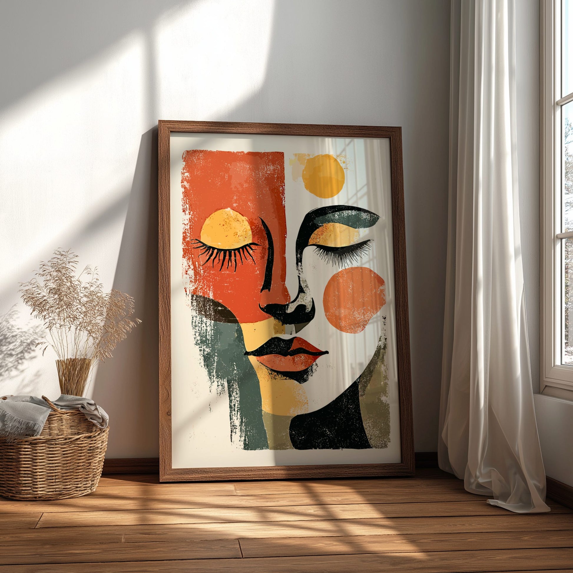 Framed abstract art print on a wall with natural light